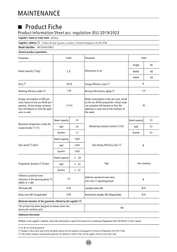 Midea MF200W70B/E Freestanding Washing Machine, BLDC Motor, Bright LED Display, Health Guard, Steam