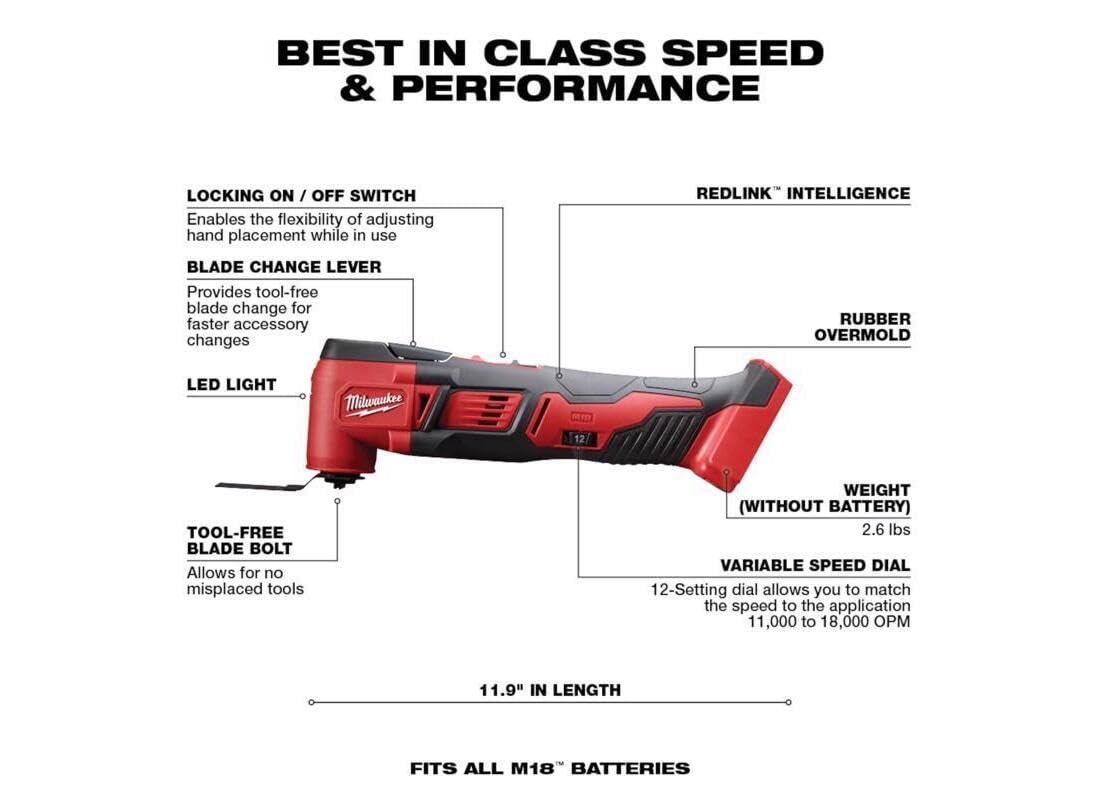 Milwaukee 2626-20 M18 18V Lithium Ion Cordless 18,000 OPM Orbiting Multi Tool