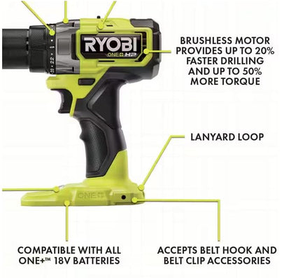 RYOBI ONE+ HP 18V Brushless Cordless Combo Kit w/ 1/2 in. Drill, 1/4 in.