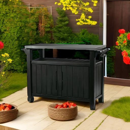 Keter Unity XL Portable Outdoor Table and Storage Cabinet with Hooks for Grill Accessories-Stainless Steel Top