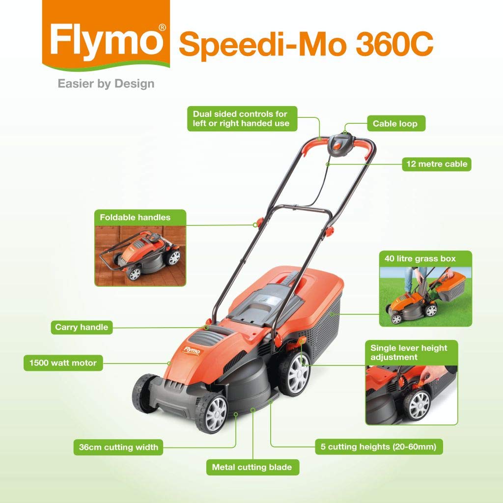 Flymo Speedi-Mo 360C Electric Wheeled Lawn Mower, 1500 W, Cutting Width 36 cm, Orange/black