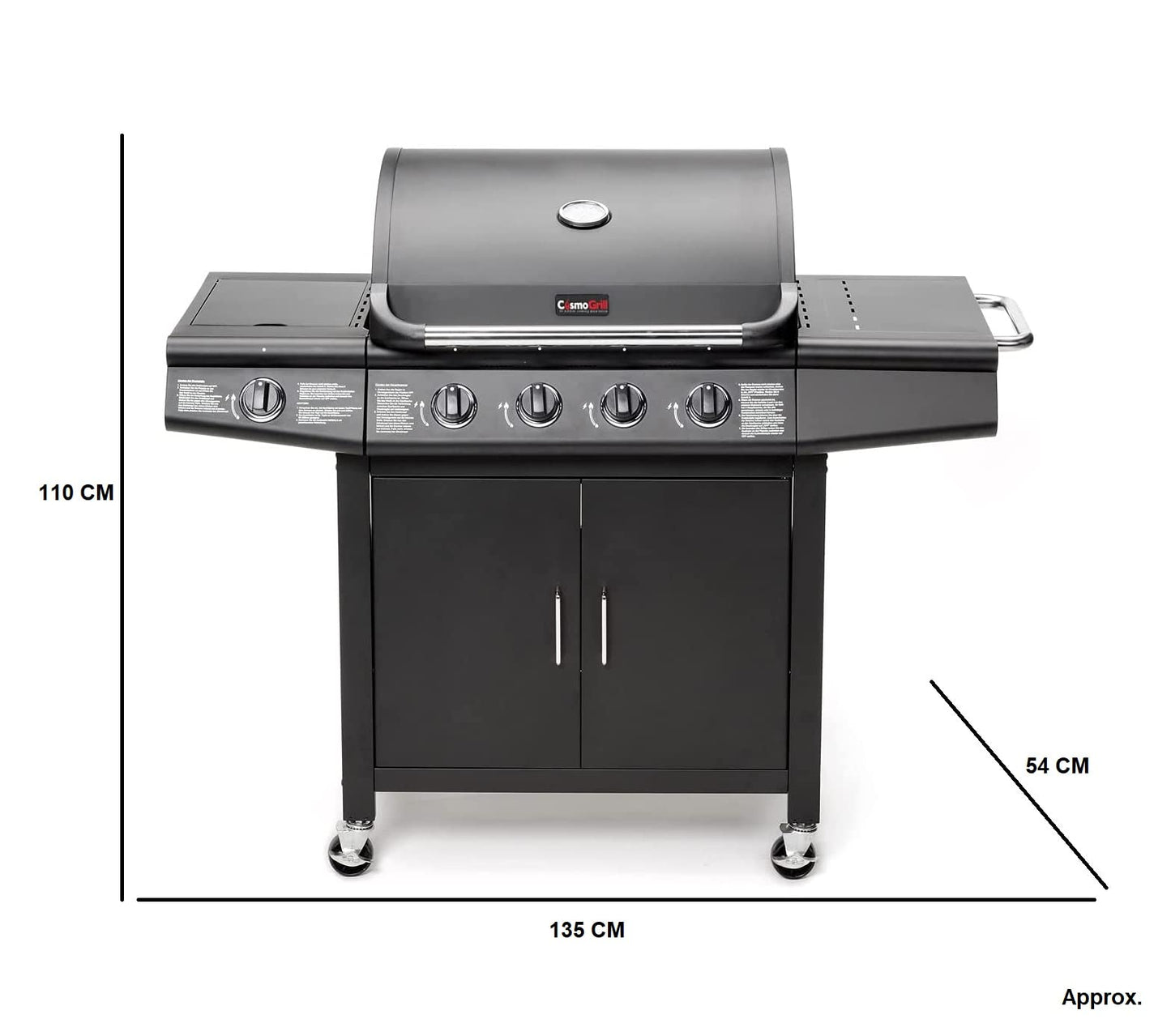 CosmoGrill Pro Deluxe 5 Gas Burner 4+1 Barbecue Grill, Steel Warming Rack, Side-Burner