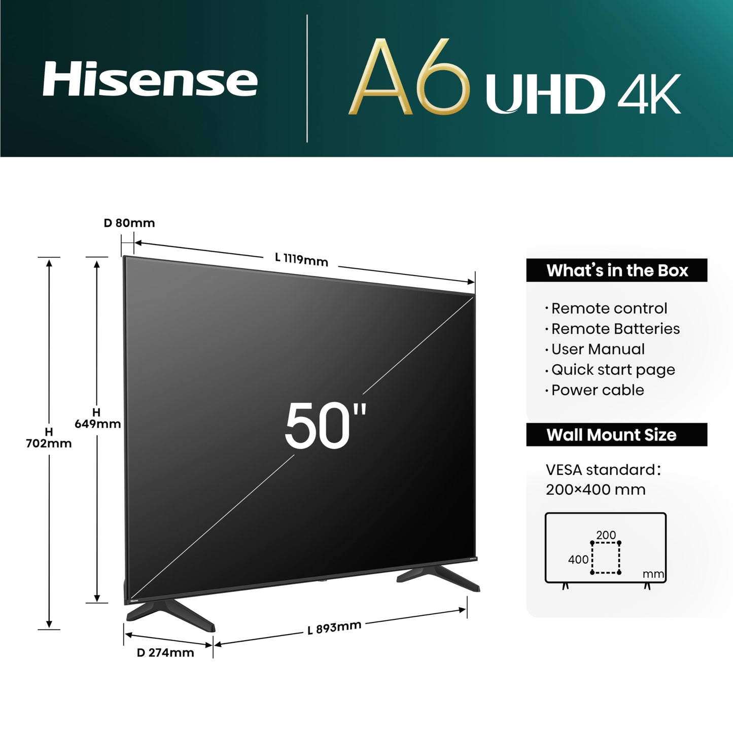 Hisense 50 Inch 4K Smart TV 50A6NTUK - Dolby Vision, Game Mode PLUS