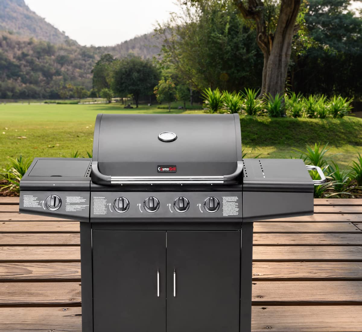 CosmoGrill Pro Deluxe 5 Gas Burner 4+1 Barbecue Grill, Steel Warming Rack, Side-Burner