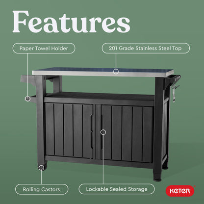 Keter Unity XL Portable Outdoor Table and Storage Cabinet with Hooks for Grill Accessories-Stainless Steel Top
