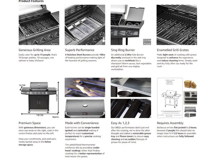 CosmoGrill Pro Deluxe 5 Gas Burner 4+1 Barbecue Grill, Steel Warming Rack, Side-Burner