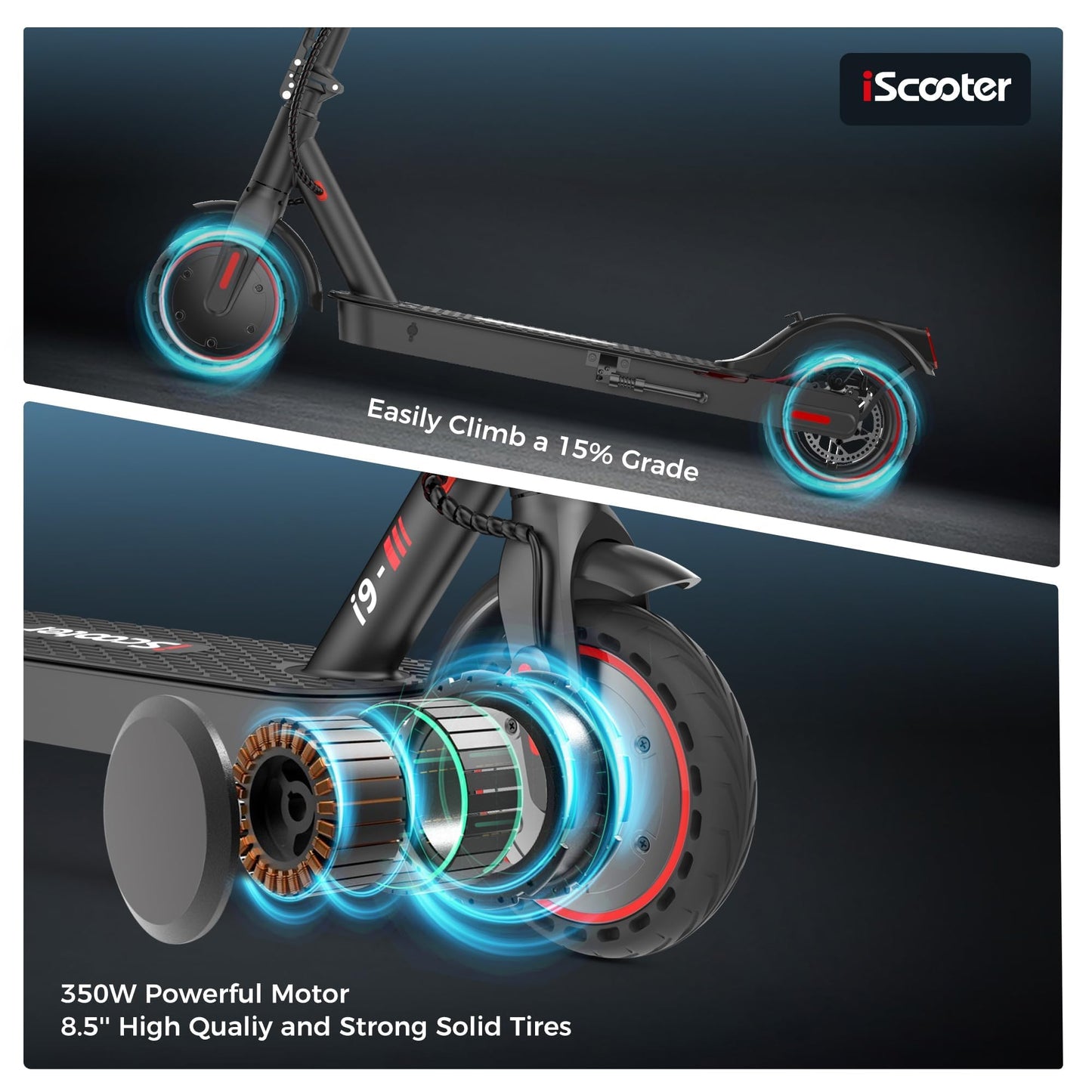 iScooter Electric Scooter, i9 Electric Scooters Adult, 8.5”Solid Tires, 30km Range, 3 Speed Mode