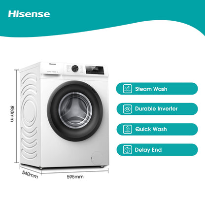 Hisense-WFQP9014EVM-Freestanding-9 KG-Front Load Washing Durable Inverter Machine-Steam Wash-Quick