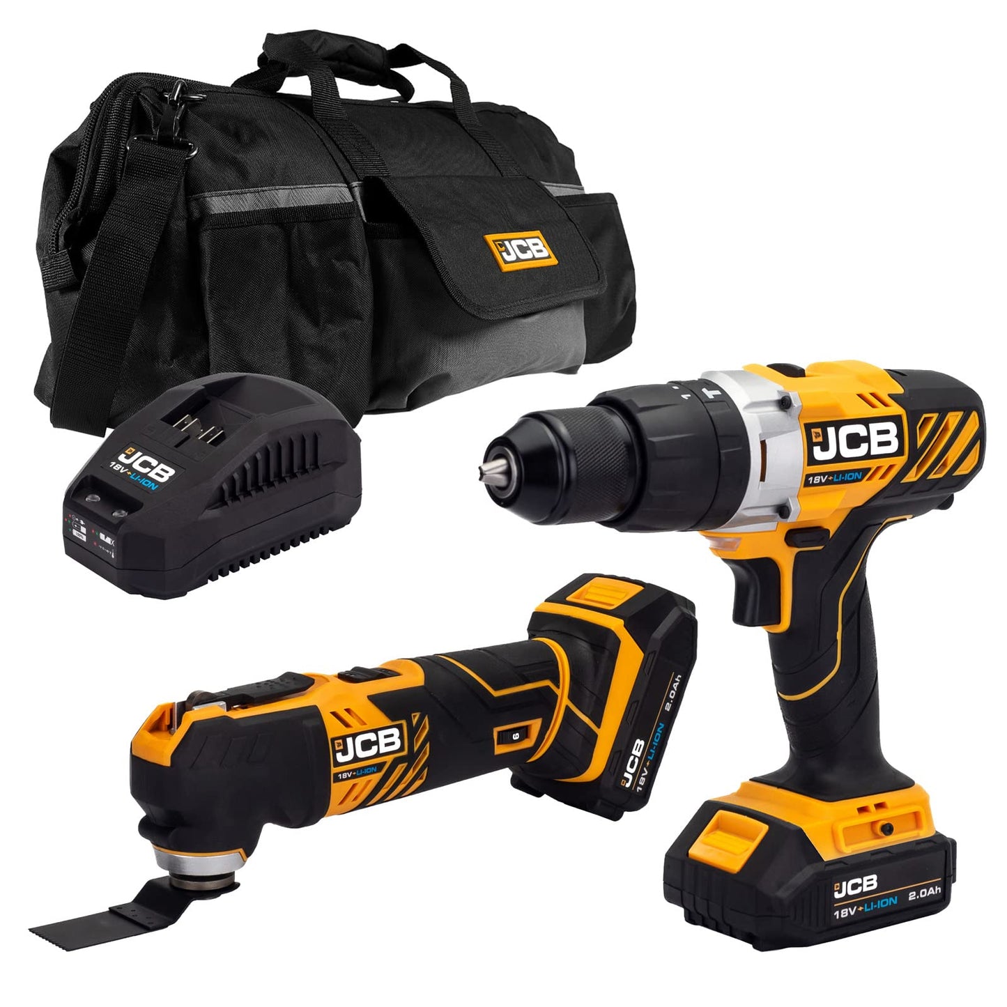 JCB 18V Cordless Combi Drill & Multi Tool, 2X 2.0Ah Battery, Fast Charger, 20" Power Tool Kit Bag