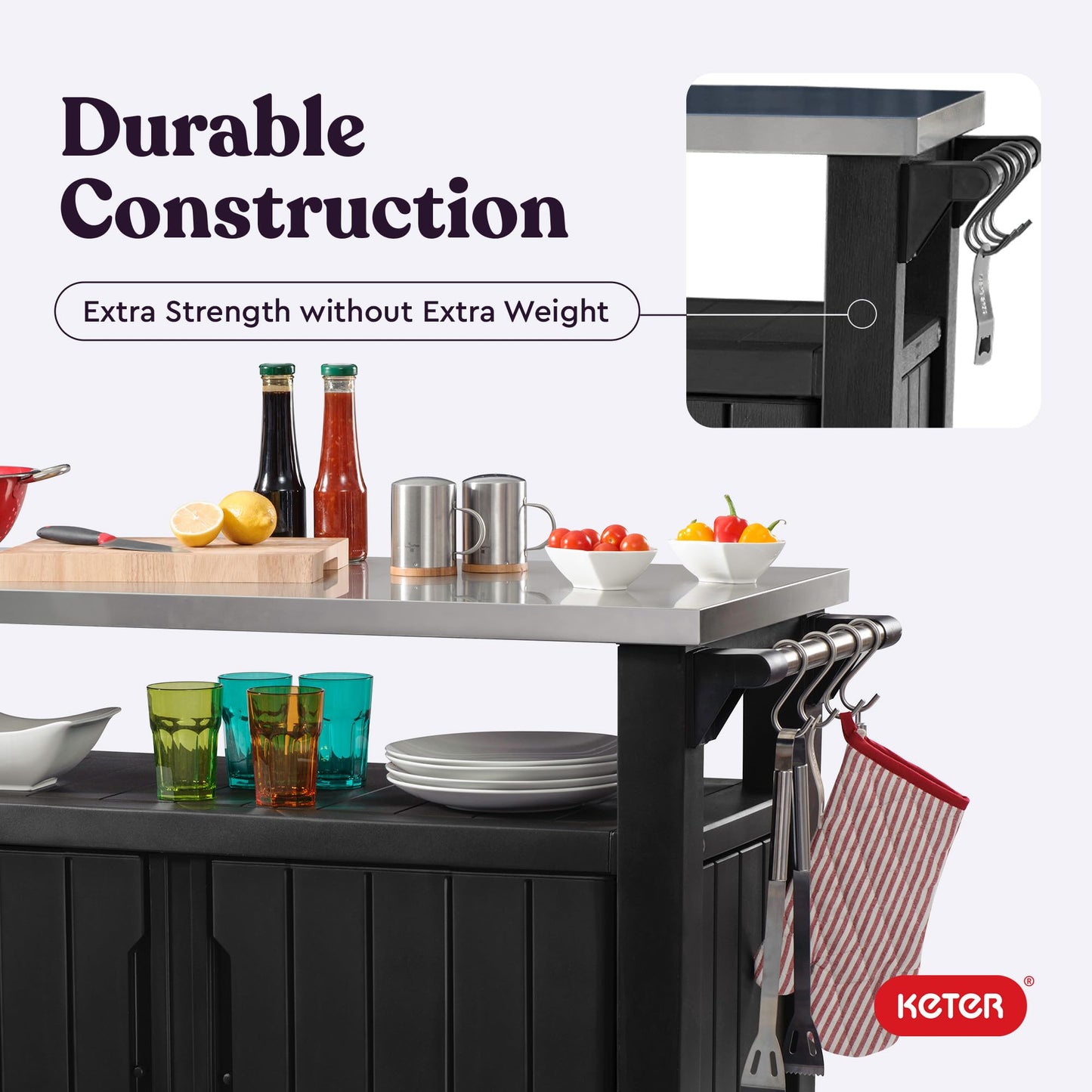 Keter Unity XL Portable Outdoor Table and Storage Cabinet with Hooks for Grill Accessories-Stainless Steel Top