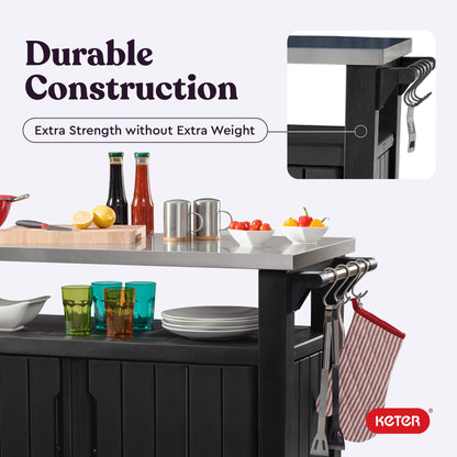 Keter Unity XL Portable Outdoor Table and Storage Cabinet with Hooks for Grill Accessories-Stainless Steel Top