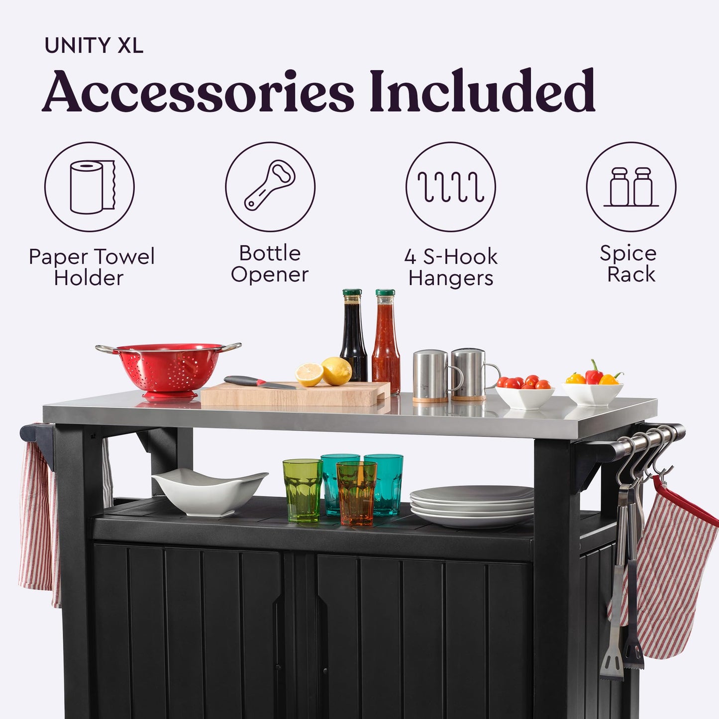 Keter Unity XL Portable Outdoor Table and Storage Cabinet with Hooks for Grill Accessories-Stainless Steel Top