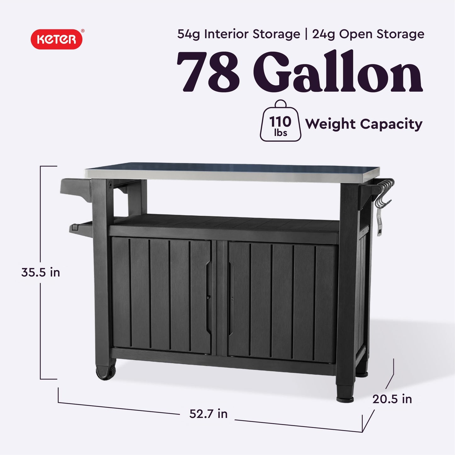 Keter Unity XL Portable Outdoor Table and Storage Cabinet with Hooks for Grill Accessories-Stainless Steel Top