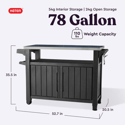 Keter Unity XL Portable Outdoor Table and Storage Cabinet with Hooks for Grill Accessories-Stainless Steel Top