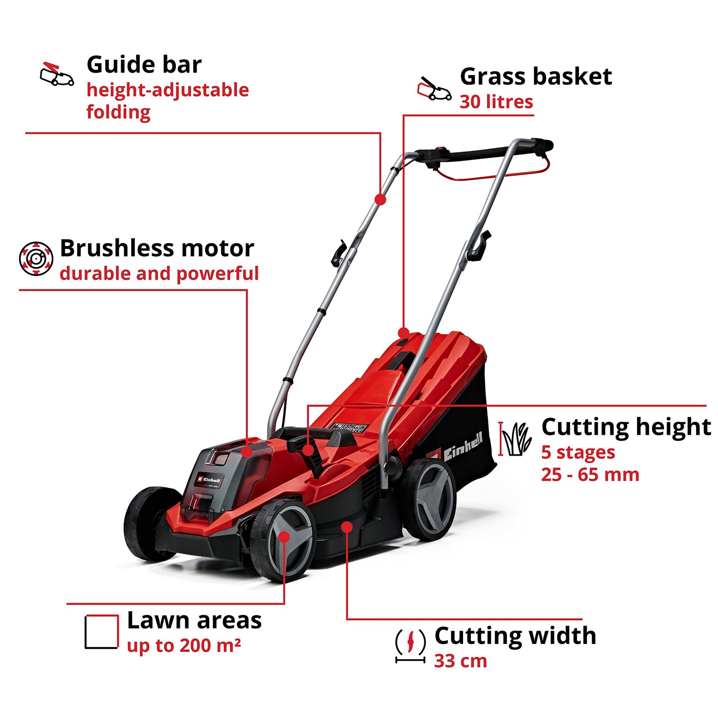 Einhell Power X-Change 18/33 Cordless Lawnmower With Battery and Charger - 18V, Brushless Motor
