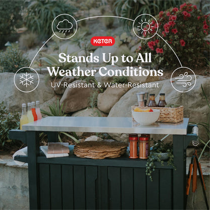 Keter Unity XL Portable Outdoor Table and Storage Cabinet with Hooks for Grill Accessories-Stainless Steel Top